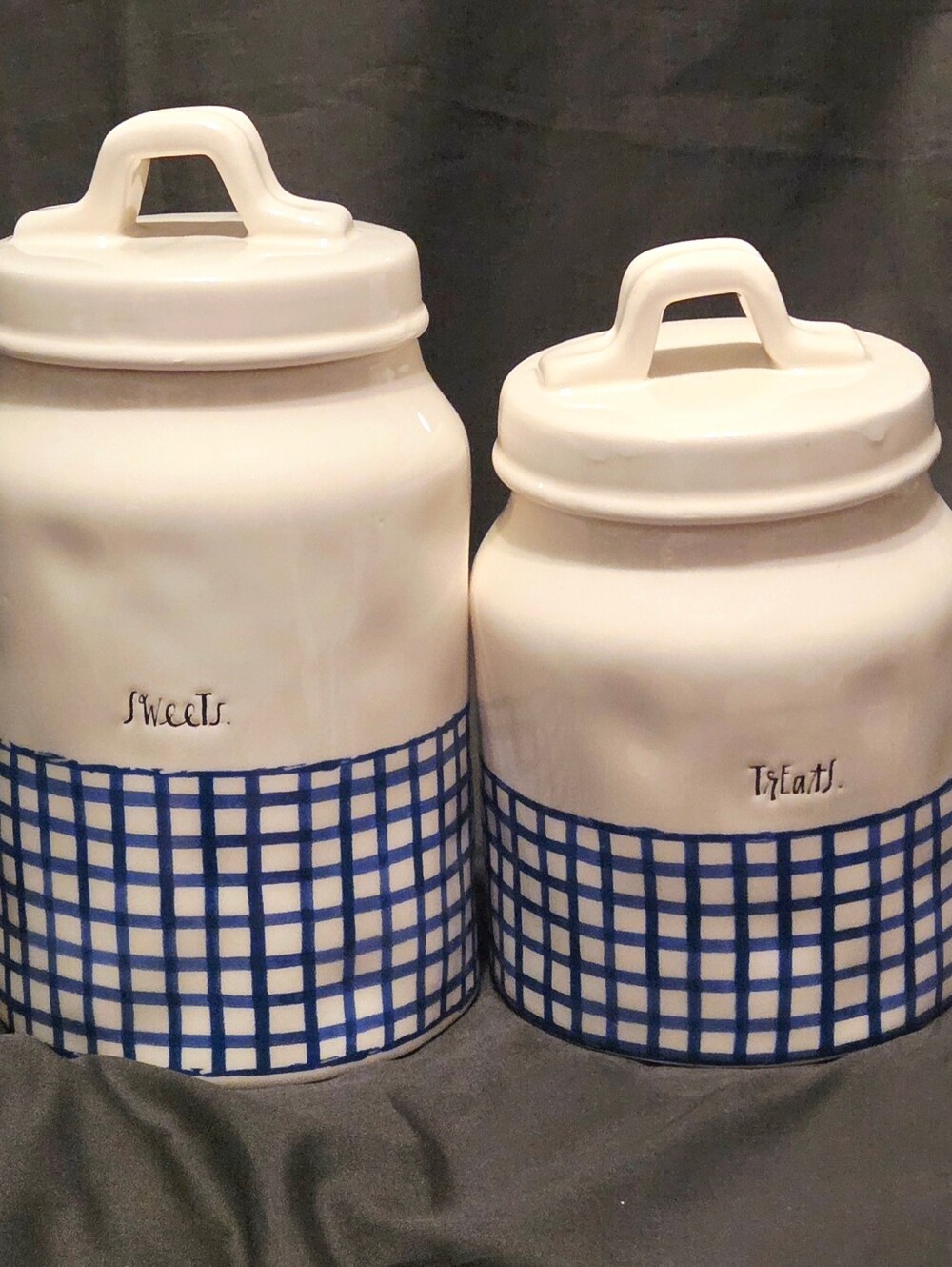 Rae Dunn Canister Set Sweets Treats Blue Gingham 8” & 7” See Below Description